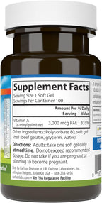 Carlson - Vitamina A Solubilizada, 10000 UI (3000 mcg EAR), Hidrosoluble, Salud Visual, 100 Cápsulas Blandas