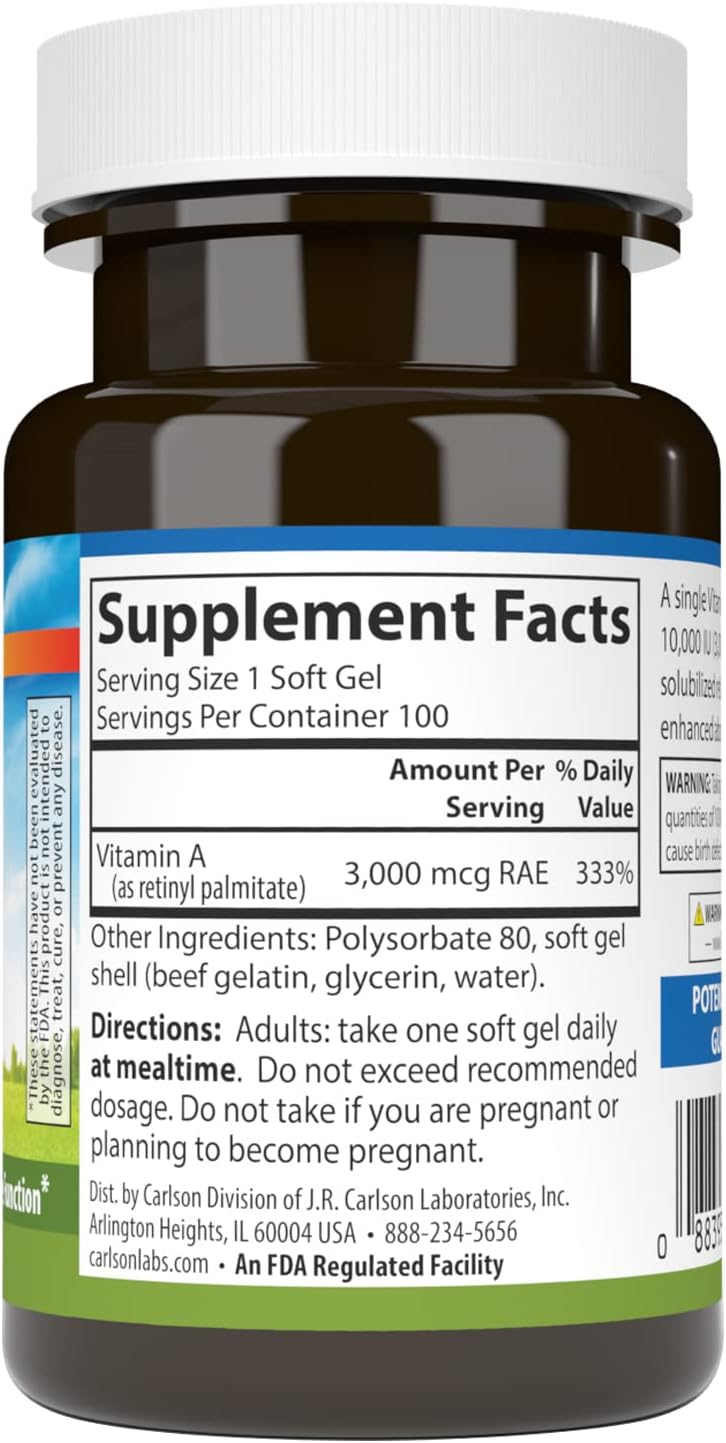 Carlson - Vitamina A Solubilizada, 10000 UI (3000 mcg EAR), Hidrosoluble, Salud Visual, 100 Cápsulas Blandas