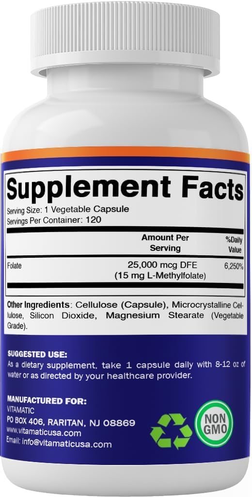 Vitamatic Metilfolato 15 mg – 120 Cápsulas Vegetales – Alta Potencia Optimizada y Activada