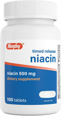 Rugby Niacina de Liberación Prolongada 500mg con 28mg de Calcio, Suplemento Alimenticio para Energía, Circulación y Apoyo al Metabolismo, 100 Comprimidos (1 Paquete)