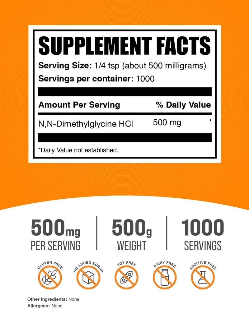 DMG en polvo - N,N-dimetilglicina HCl, 500mg por porción, 500g - BulkSupplements