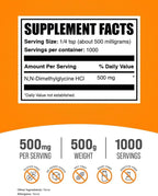 DMG en polvo - N,N-dimetilglicina HCl, 500mg por porción, 500g - BulkSupplements