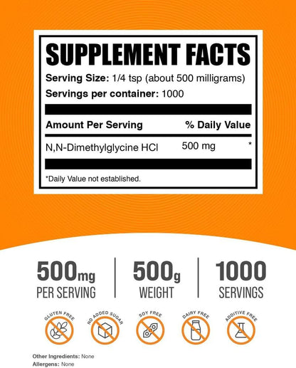 DMG en Polvo - N,N-Dimetilglicina HCl, 500mg – Sin gluten y sin sabores: Ideal para personas con sensibilidades – Image 2