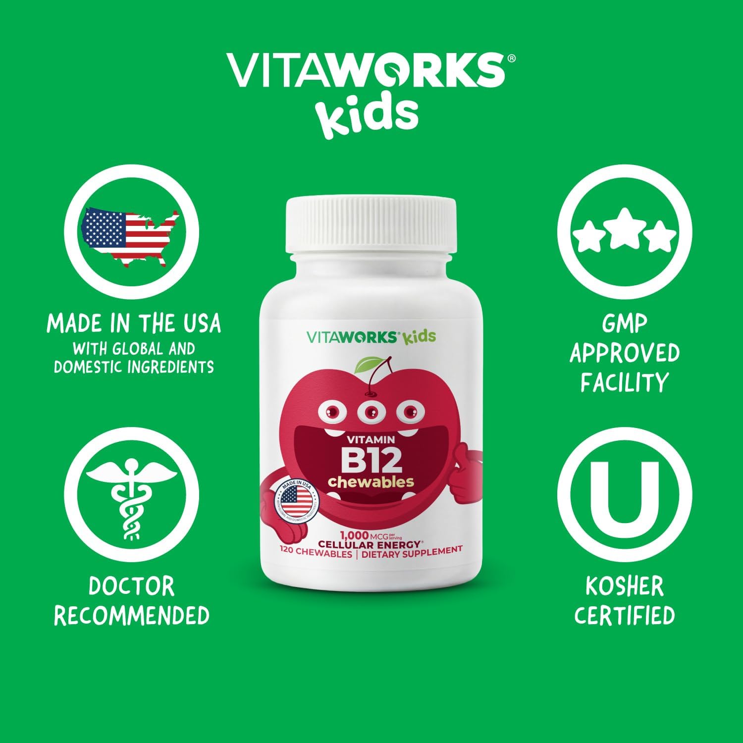 VitaWorks Vitamina B12 para Niños 1000 mcg Comprimibles Masticables