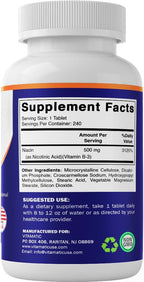 Vitamatic Niacina (Vitamina B3) 500mg, 240 Comprimidos - No OGM y Sin Gluten