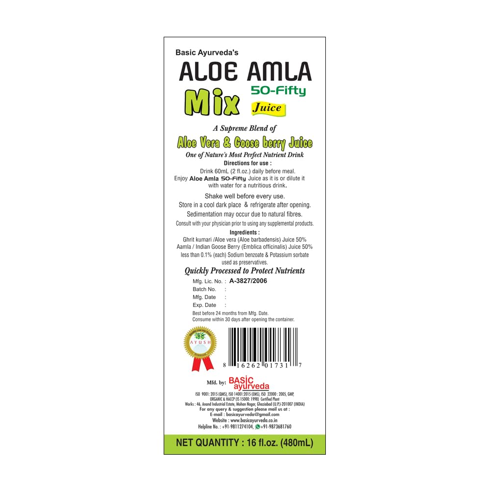 Basic Ayurveda Aloe Vera & Amla Herbal Mix Juice 480 ml