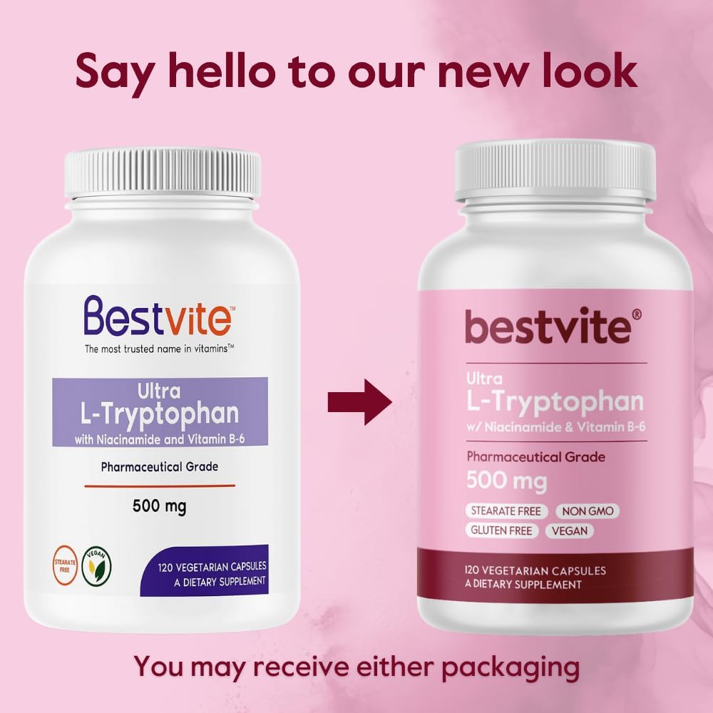 BESTVITE Ultra L-Triptófano 500mg con B3 y B6 - 120 Cápsulas Vegetales