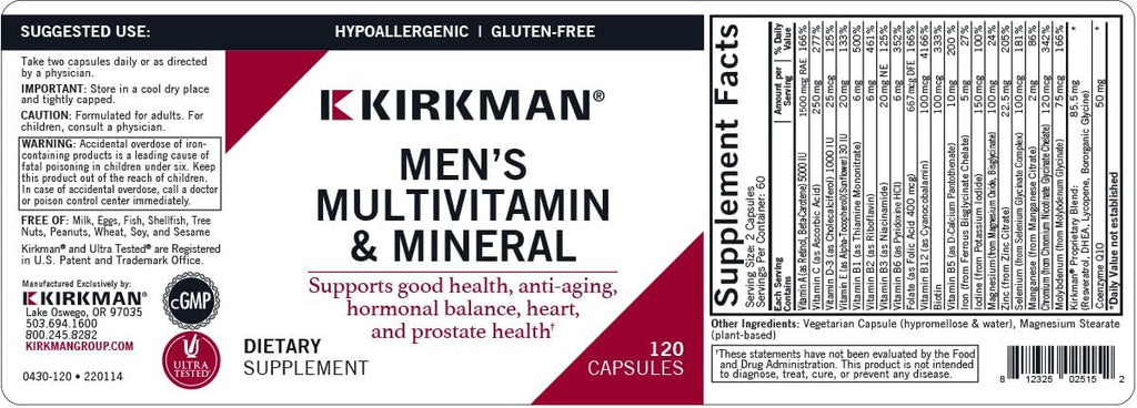 Kirkman Multivitamínico y Mineral para Hombres Mayores, 120 Cápsulas Vegetarianas