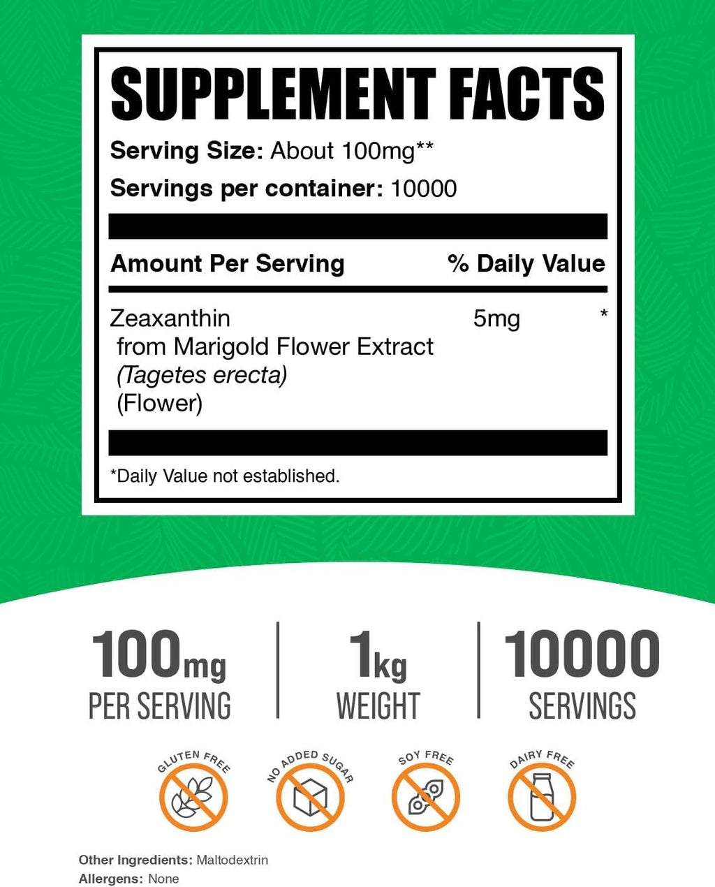 Zeaxantina en Polvo (100mg por dosis, 5mg de Zeaxantina) - 1kg - BulkSupplements