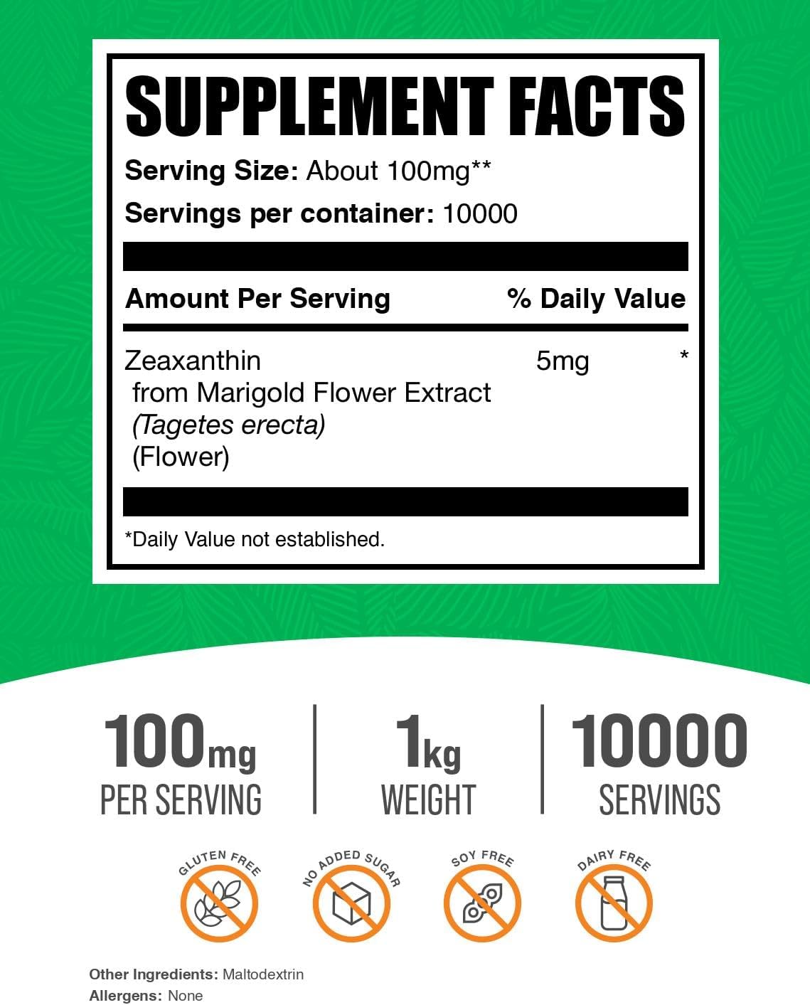 Zeaxantina en Polvo (100mg por dosis, 5mg de Zeaxantina) - 1kg - BulkSupplements