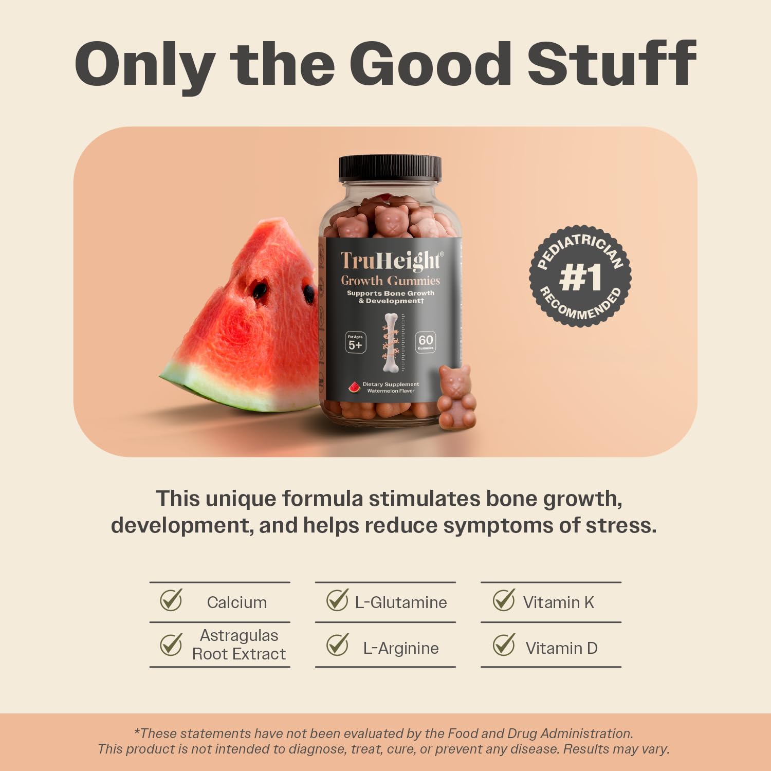 TruHeight Growth Gummies (Watermelon) - Suplemento de Crecimiento Natural para Niños y Adolescentes con Vitaminas D3, K2, Calcio y Ashwagandha