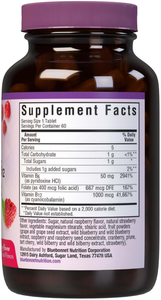 Bluebonnet Nutrition EarthSweet Vitamin B6, B12 plus Ácido Fólico Comprimidos Masticables - 60 Comprimidos, Sabor Frambuesa