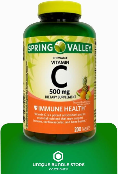 Vitamina C 500 mg, Sabor Fruta Tropical, 200 Comprimidos Masticables, Suplemento Alimenticio + Organizador de Pastillas de 7 Días Incluido (Pack de 2)