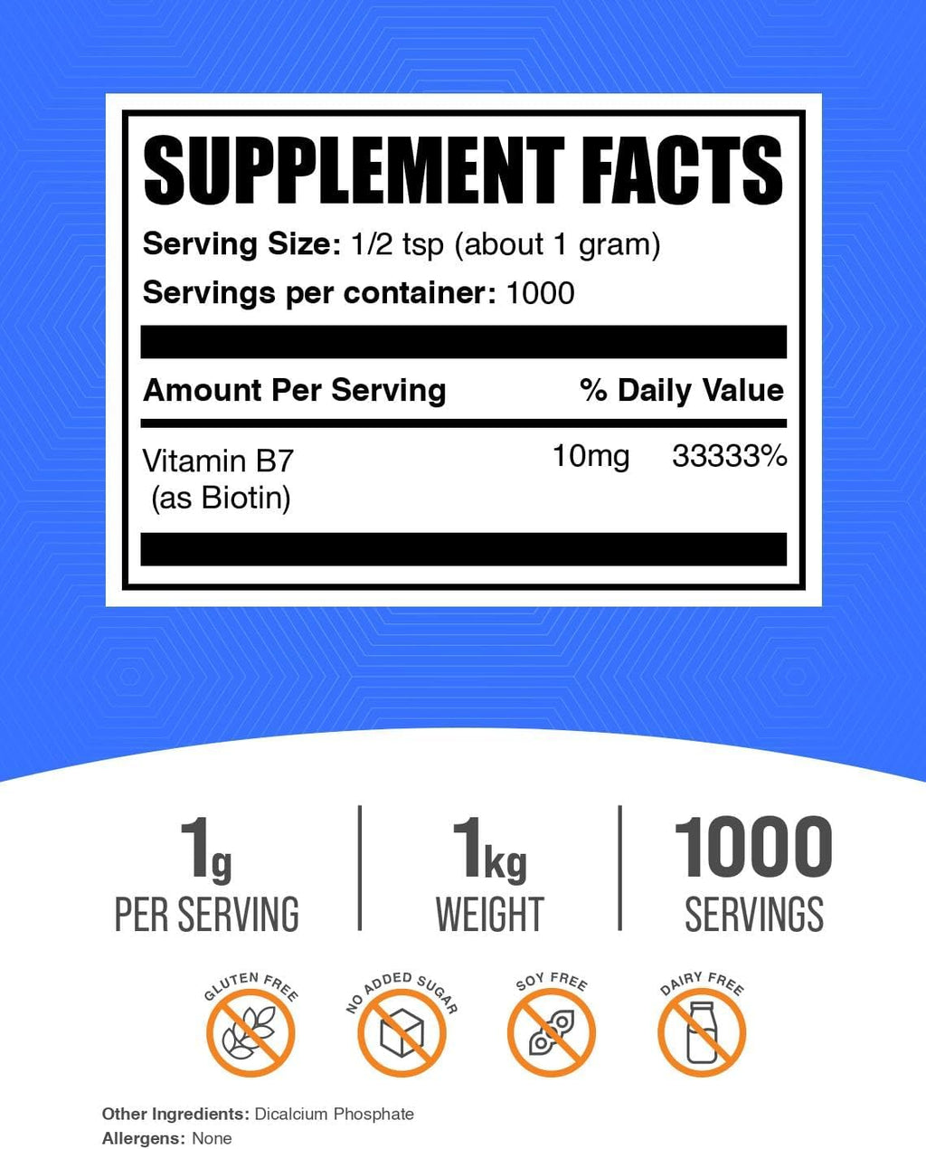 BulkSupplements Biotina en Polvo 10000 mcg - Vitamina B7 - 1 kg