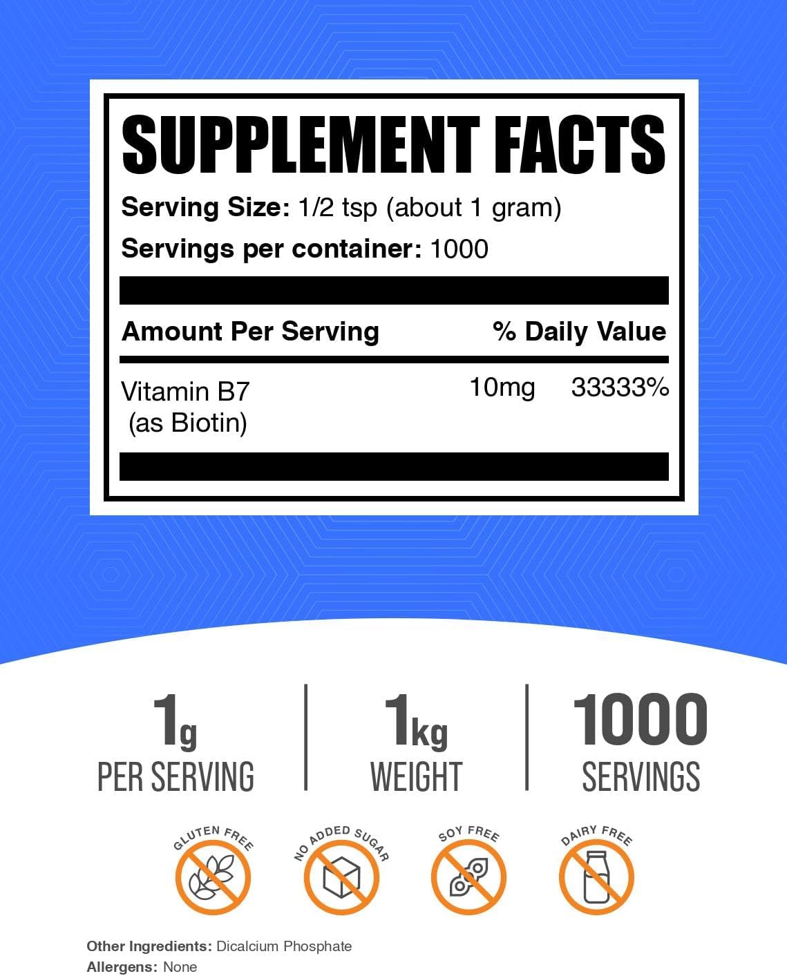 BulkSupplements Biotina en Polvo 10000 mcg - Vitamina B7 - 1 kg