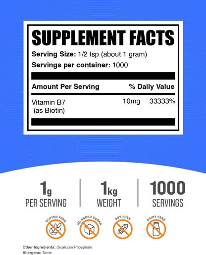 BulkSupplements Biotina en Polvo 10000 mcg - – Sistema nervioso: La biotina contribuye al funcionamiento normal – Image 2