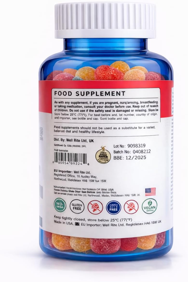 Wellrite Gominolas de Vitaminas para Cabello, Piel y Uñas, 60 unidades, Sabor Fresa, Vegano, Sin Gelatina, Sin Gluten, Sin Frutos Secos
