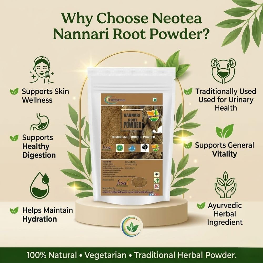 neotea Polvo de Raíz de Nannari 500g | Hemidesmus Indicus | Bebida Refrescante Natural | Sin Aditivos