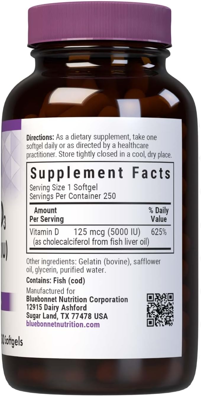 Bluebonnet Nutrition Vitamina D3 5000 UI Cápsulas Blandas, 250 Cápsulas