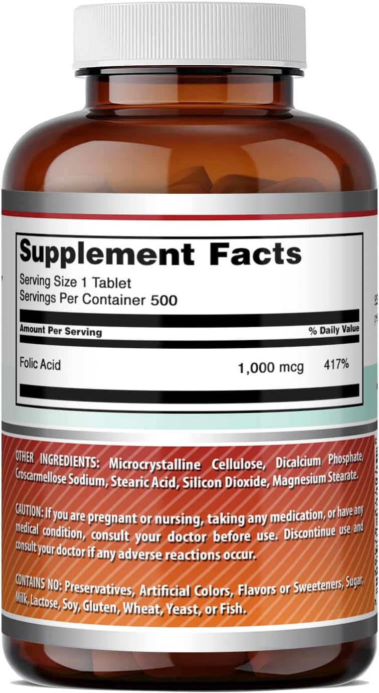 Amazing Formulas Ácido Fólico 1000 mcg (1 mg) - 500 Comprimidos