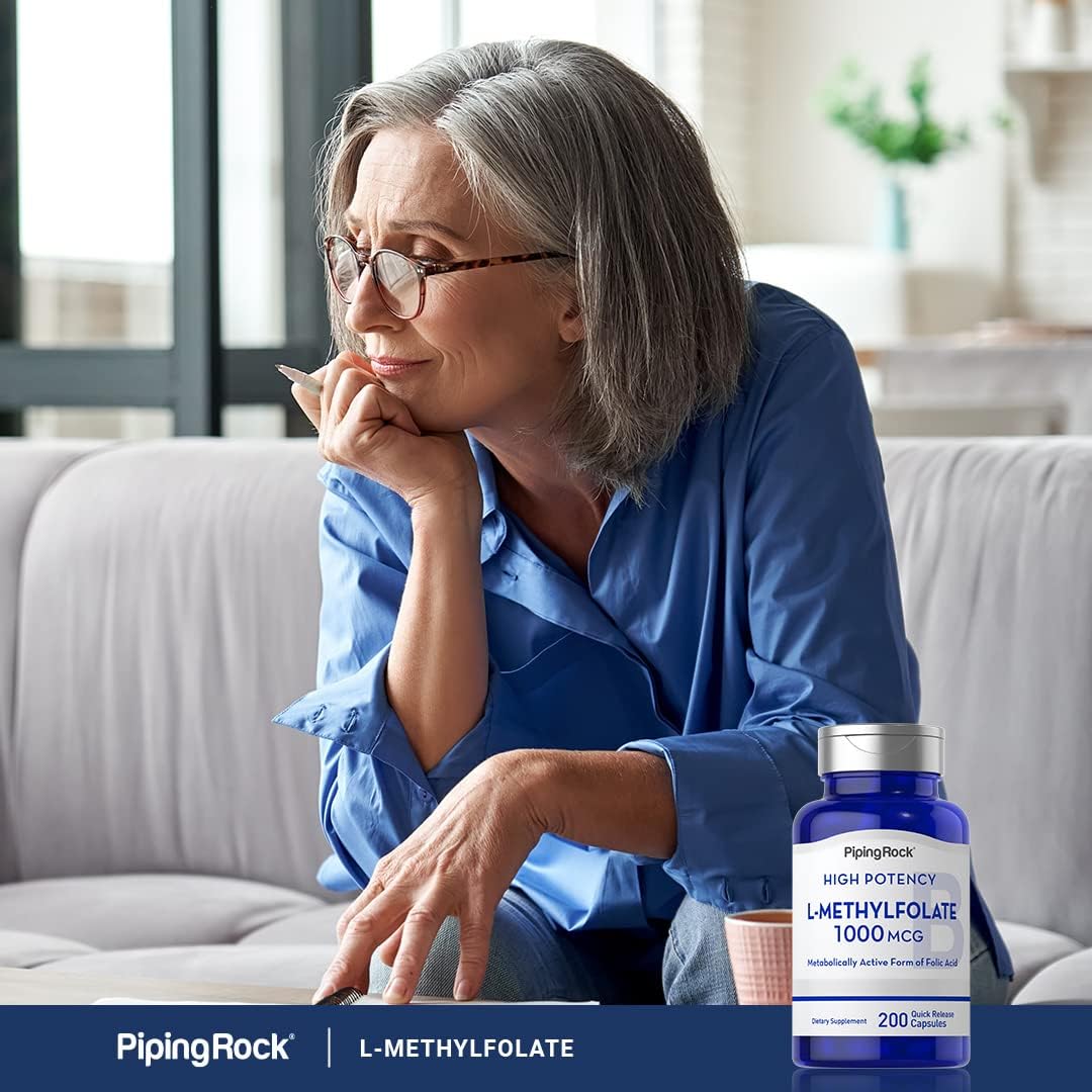 Piping Rock L-Metilfolato 1000 mcg - 200 Cápsulas - Forma Activa de Ácido Fólico - No-GMO, Sin Gluten