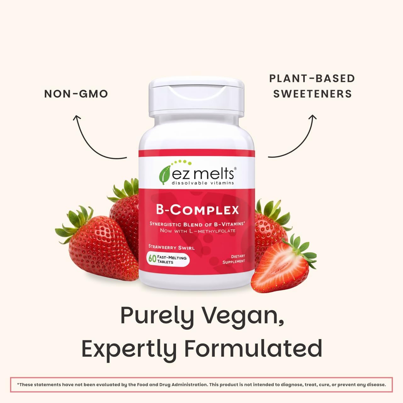 EZ Melts Complejo B Disoluble - Vitaminas B con Metilcobalamina y Metilfolato - Sabor Fresa - 60 Comprimidos