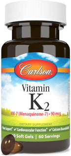 Carlson - Vitamina K2 MK-7 (Menaquinona), 90 mcg, Soporte Óseo, Biodisponibilidad del Calcio, Vitamina K-2, 60 Cápsulas Blandas
