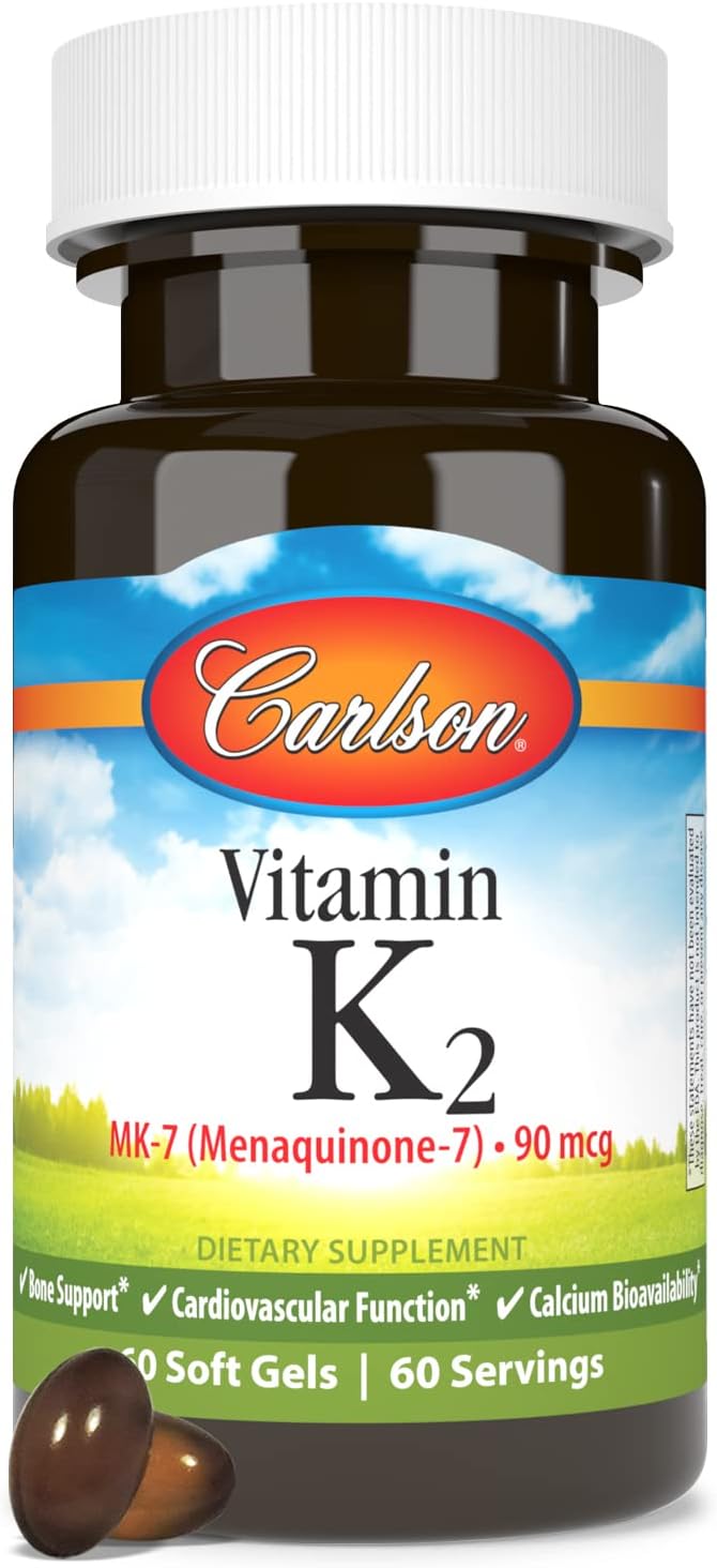 Carlson - Vitamina K2 MK-7 (Menaquinona), 90 mcg, Soporte Óseo, Biodisponibilidad del Calcio, Vitamina K-2, 60 Cápsulas Blandas