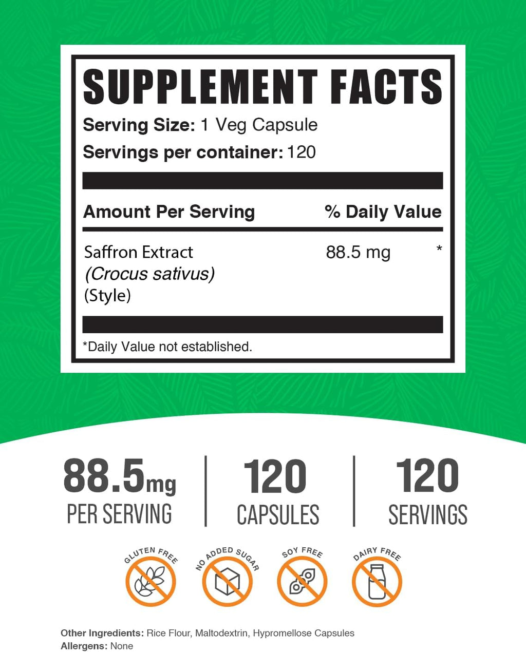 BulkSupplements.com Extracto de Azafrán 88.5mg - 120 Cápsulas Veganas sin Gluten