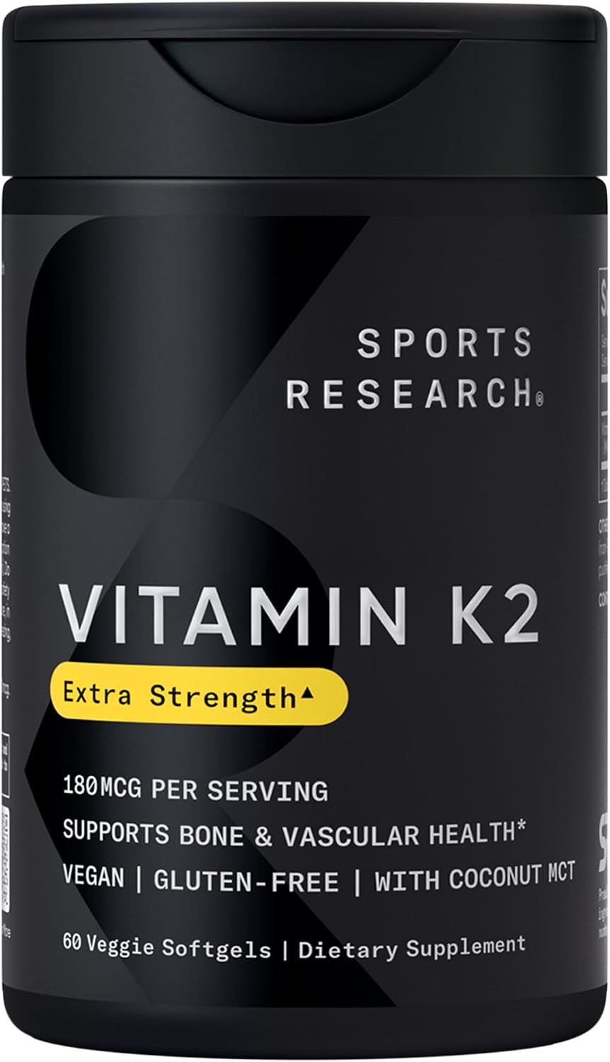 Sports Research Extra Strength Vitamina K2 MK-7 180mcg con Aceite MCT de Coco - 60 Cápsulas Blandas Veganas