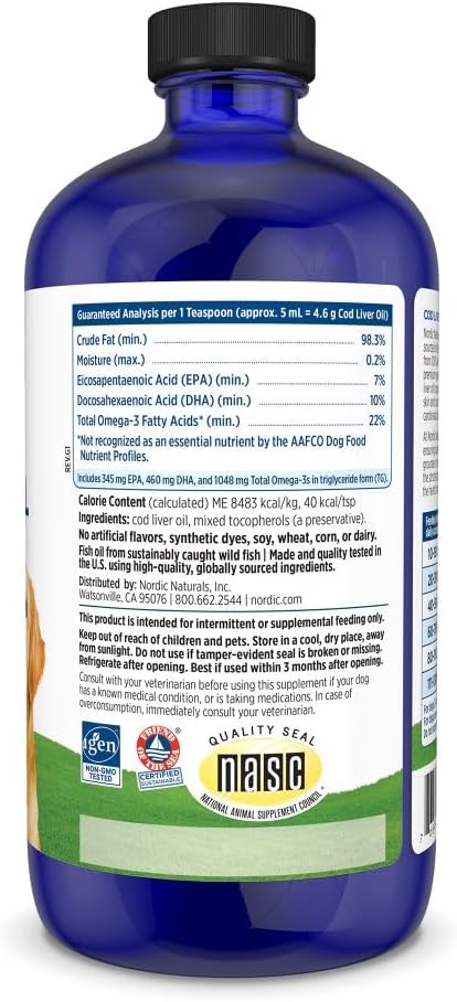 Nordic Naturals Pet Cod Liver Oil, Sin Sabor - 473 ml - 1048 mg de Omega-3 por Cucharadita - Aceite de Pescado para Perros con EPA y DHA