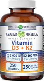 Amazing Formulas Vitamina D3 5000 UI con Vitamina K2 100 mcg - 250 Cápsulas Vegetales