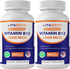 Vitamatic Vitamina B12 1000 mcg – Tabletas de Disolución Rápida con Sabor a Bayas – 2 Frascos de 365 Tabletas – Apoyo al Metabolismo Energético y Sistema Nervioso