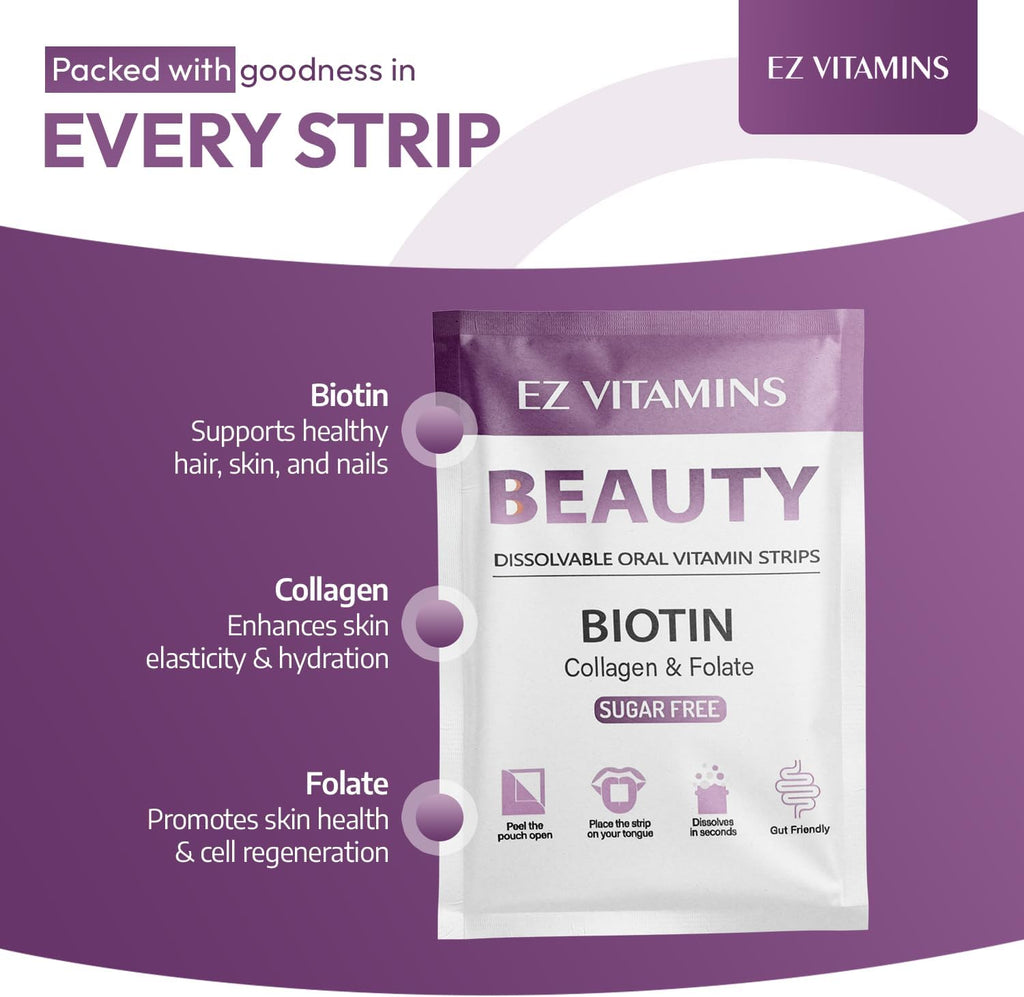 EZ VITAMINS Tiras Orales de Biotina, Vitamina E, Colágeno y Folato - Sabor Fresa - 30 Tiras