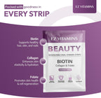 EZ VITAMINS Tiras Orales de Biotina, Vitamina E, Colágeno y Folato - Sabor Fresa - 30 Tiras