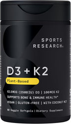 Sports Research Vitamina D3 + K2 con Aceite de Coco - 2500 UI D3 Vegana y 100 mcg K2 MK-7 - 60 Cápsulas Blandas
