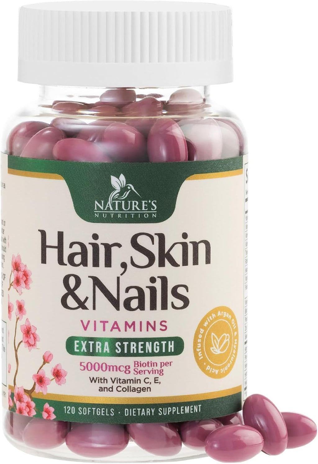 Biotina 5000mcg por dosis - Complejo con Colágeno, Aceite de Argán y Ácido Hialurónico - Suplemento de Belleza para Mujeres y Hombres - 60 Cápsulas Blandas