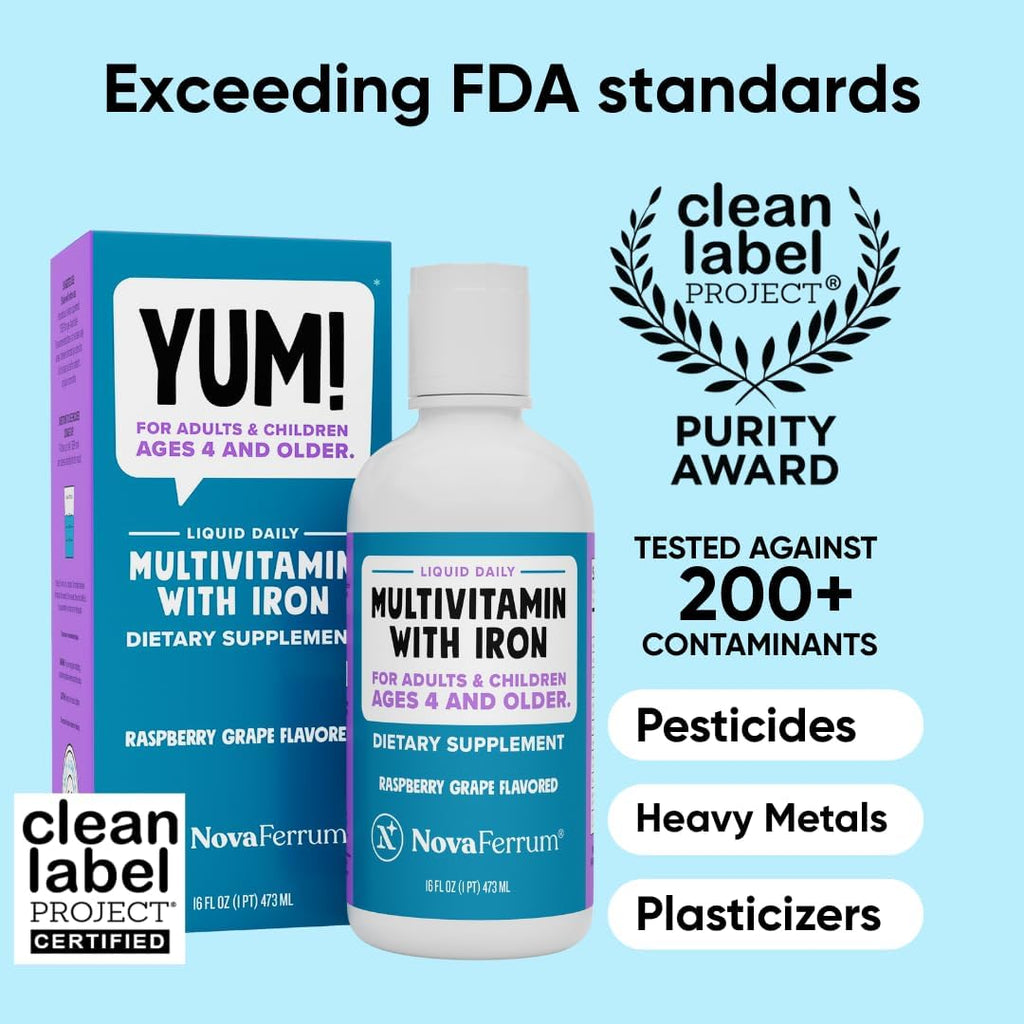 NovaFerrum Yum 473 ml | Multivitamínico con Hierro para +4 años | Sin Gluten Certificado | Sin Azúcar | Sabor Frambuesa y Uva