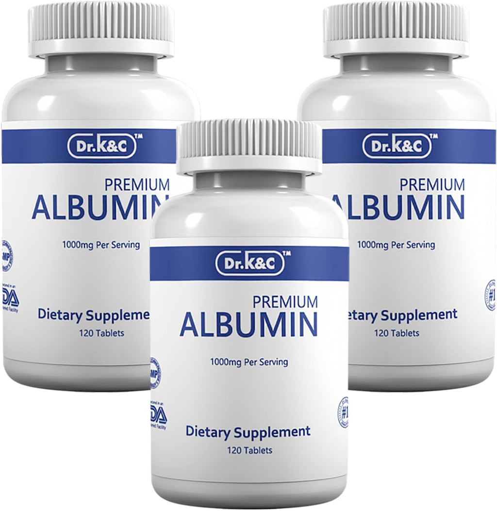 Dr.K&C Suplemento de Proteína de Albúmina Premium 1000mg, 3 Botellas (120 Comprimidos Cada Una), Energía Diaria y Apoyo al Bienestar
