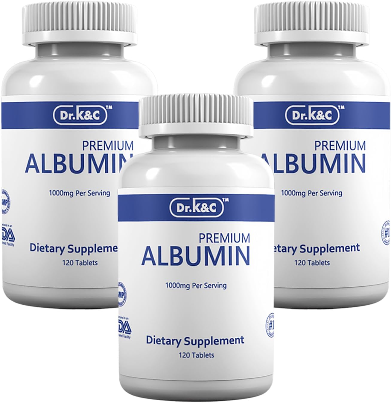 Dr.K&C Suplemento de Proteína de Albúmina Premium 1000mg, 3 Botellas (120 Comprimidos Cada Una), Energía Diaria y Apoyo al Bienestar
