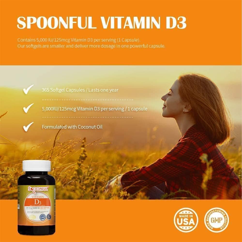 Spoonful Vitamina D3 con Aceite de Coco - 365 Cápsulas Blandas, 5000 UI (125 mcg) – Suministro Anual