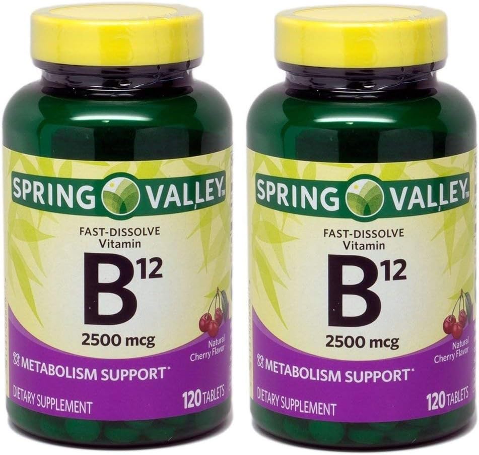 Spring Valley Vitamina B12 Sublingual 2500 mcg, Sabor Cereza, Pack de 2, 240 Micropastillas