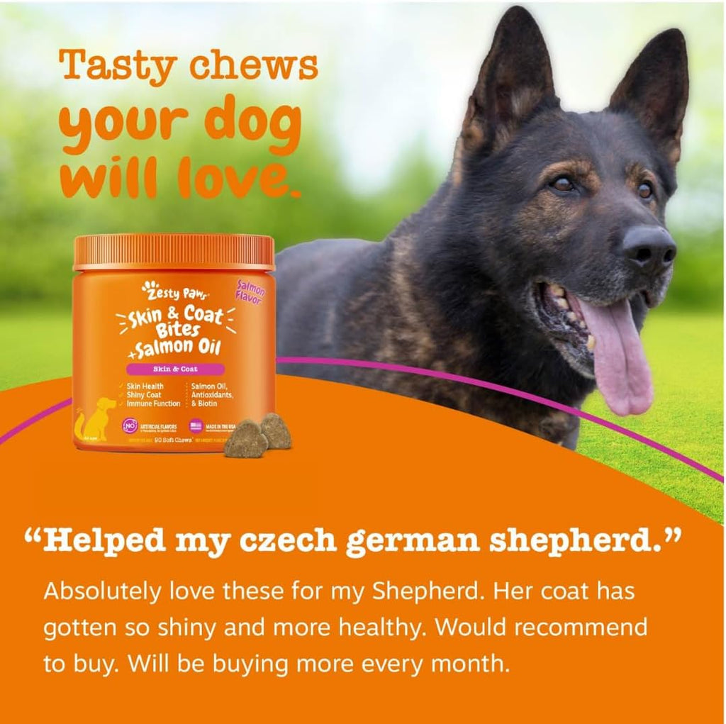 Zesty Paws Aceite de Salmón para Perros - Golosinas Omega 3 para Piel y Pelaje, 90 unidades