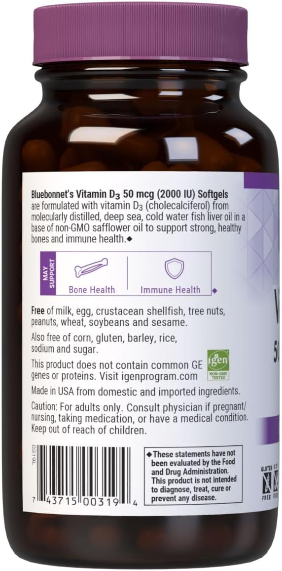 Bluebonnet Nutrition Vitamina D3 2000 IU – 250 Cápsulas Blandas