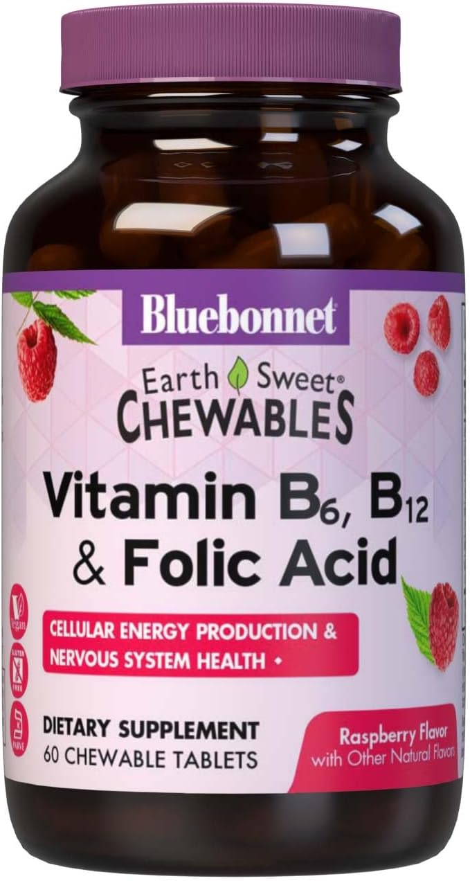 Bluebonnet Nutrition EarthSweet Vitamin B6, B12 plus Ácido Fólico Comprimidos Masticables - 60 Comprimidos, Sabor Frambuesa