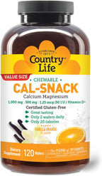 Country Life Cal-Snack - Comprimidos Masticables de Calcio y Magnesio con Vitamina D3, Sabor Naranja Vainilla