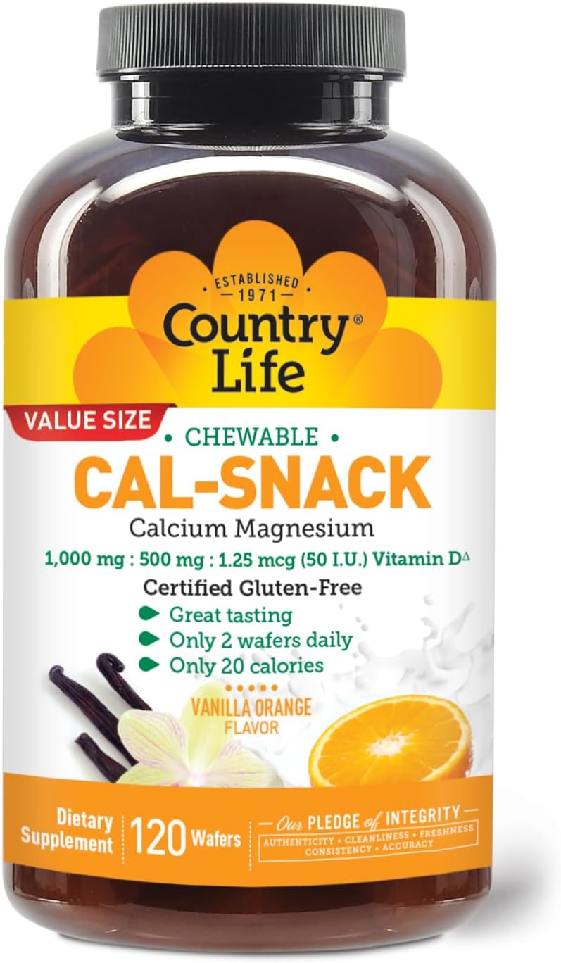 Country Life Cal-Snack - Comprimidos Masticables de Calcio y Magnesio con Vitamina D3, Sabor Naranja Vainilla