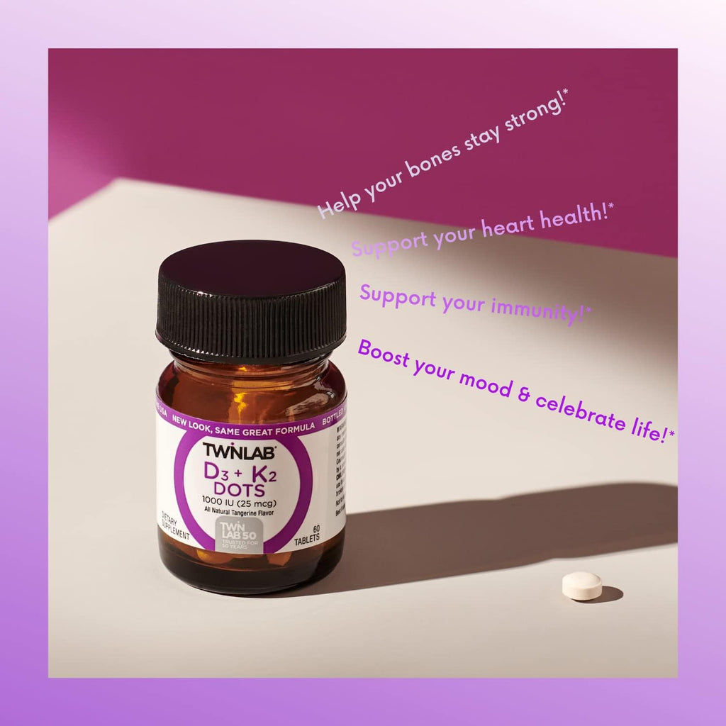 Twinlab D3 + K2 Dots - Vitamina D3 y K2 - 1000 UI D3 + 90 mcg K2 MK-7 - 60 Comprimidos (Pack de 3)