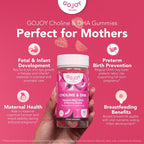 GOJOY NATURALS Gominolas prenatales con colina y DHA - Para preconcepción, embarazo y posparto - Colina bitartrato 250mg + DHA 150mg - Vegano, sin azúcar, no GMO