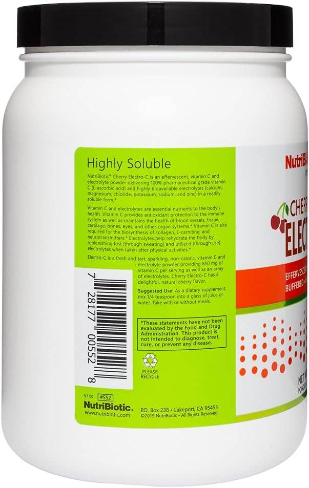 NutriBiotic Cherry Electro-C Polvo de Vitamina C y Electrolitos, 2.2 Lb (1000 g)